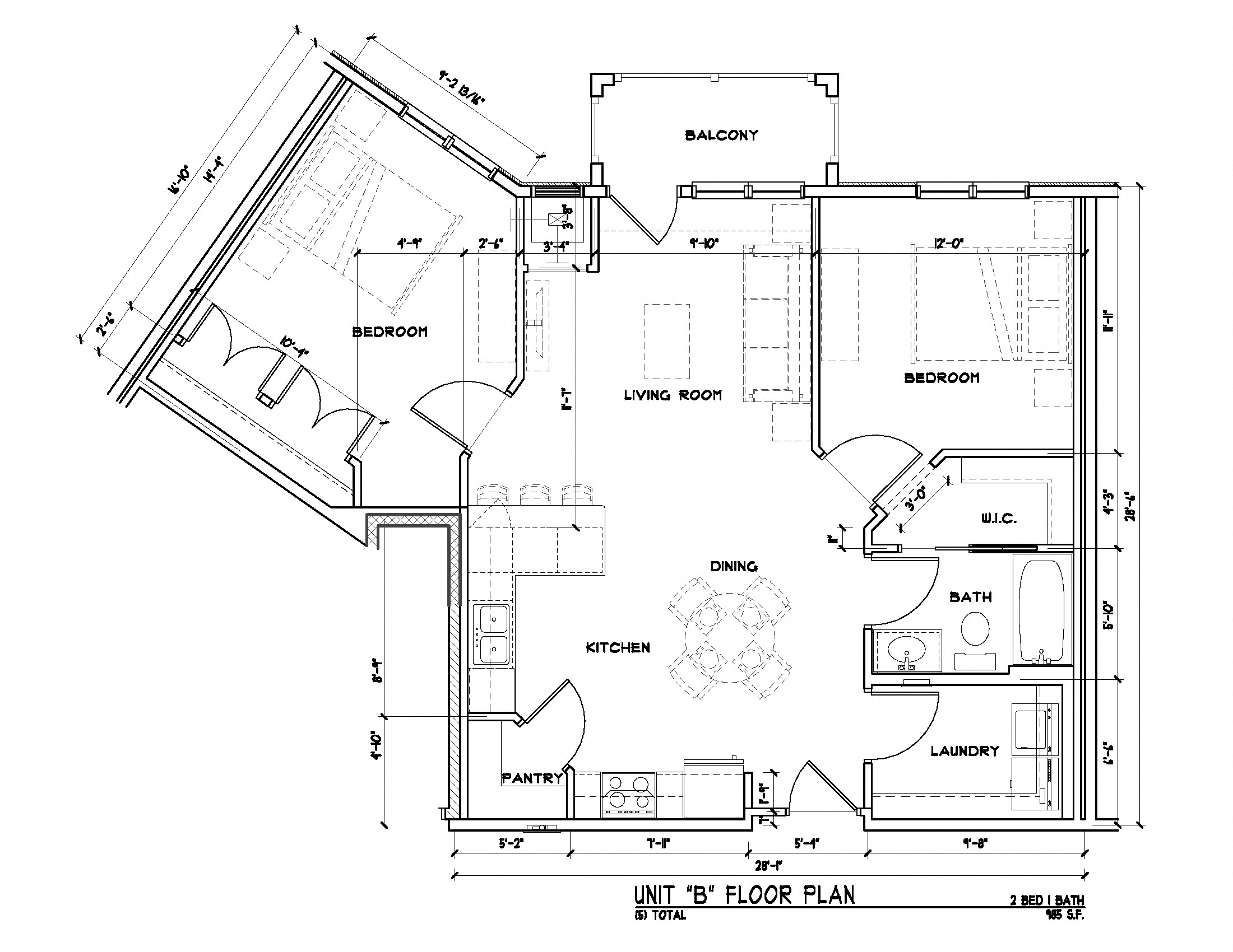 Floor plan for 2 beds, 1 bath, 1096 sqft